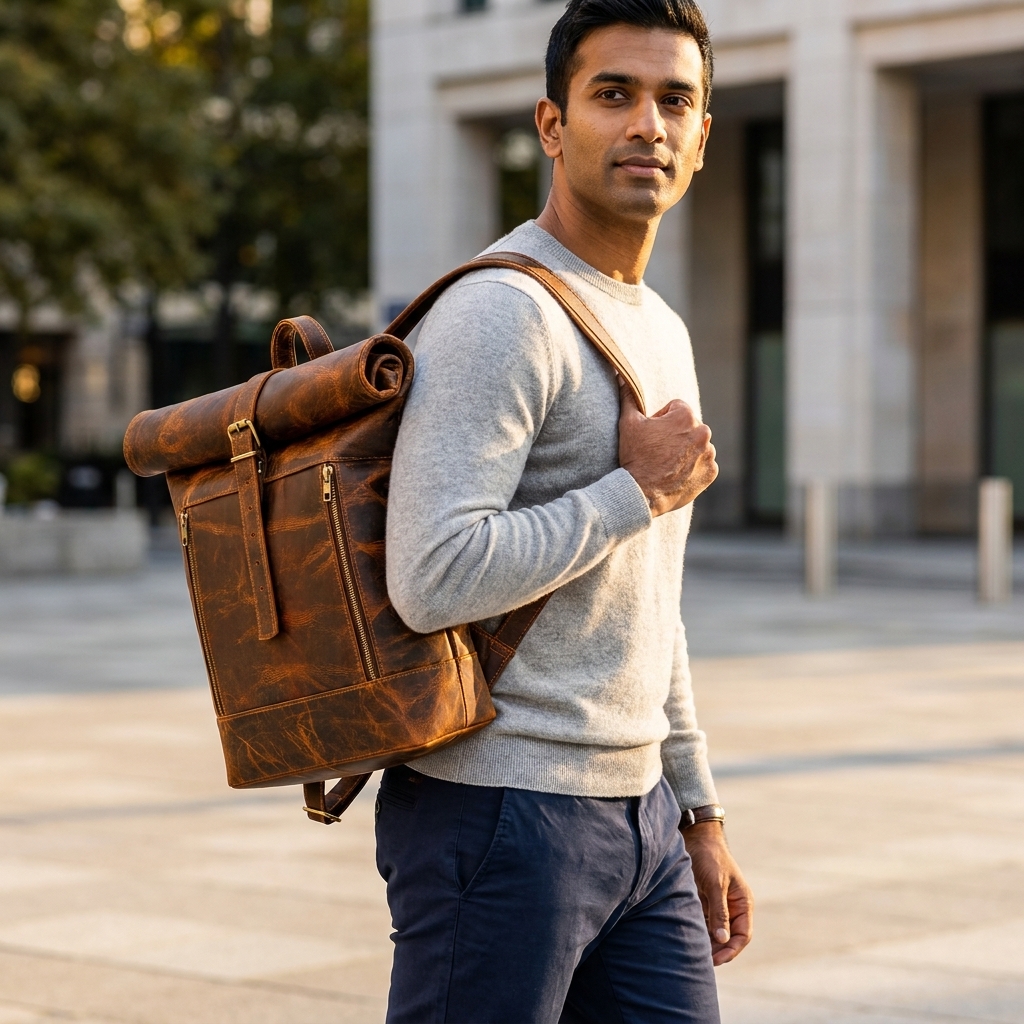17 inch Leather Laptop Backpack Vintage Roll on Rucksack Hiking Camping Shoulder Collage Travel Handmade Brown Bag - Image 7