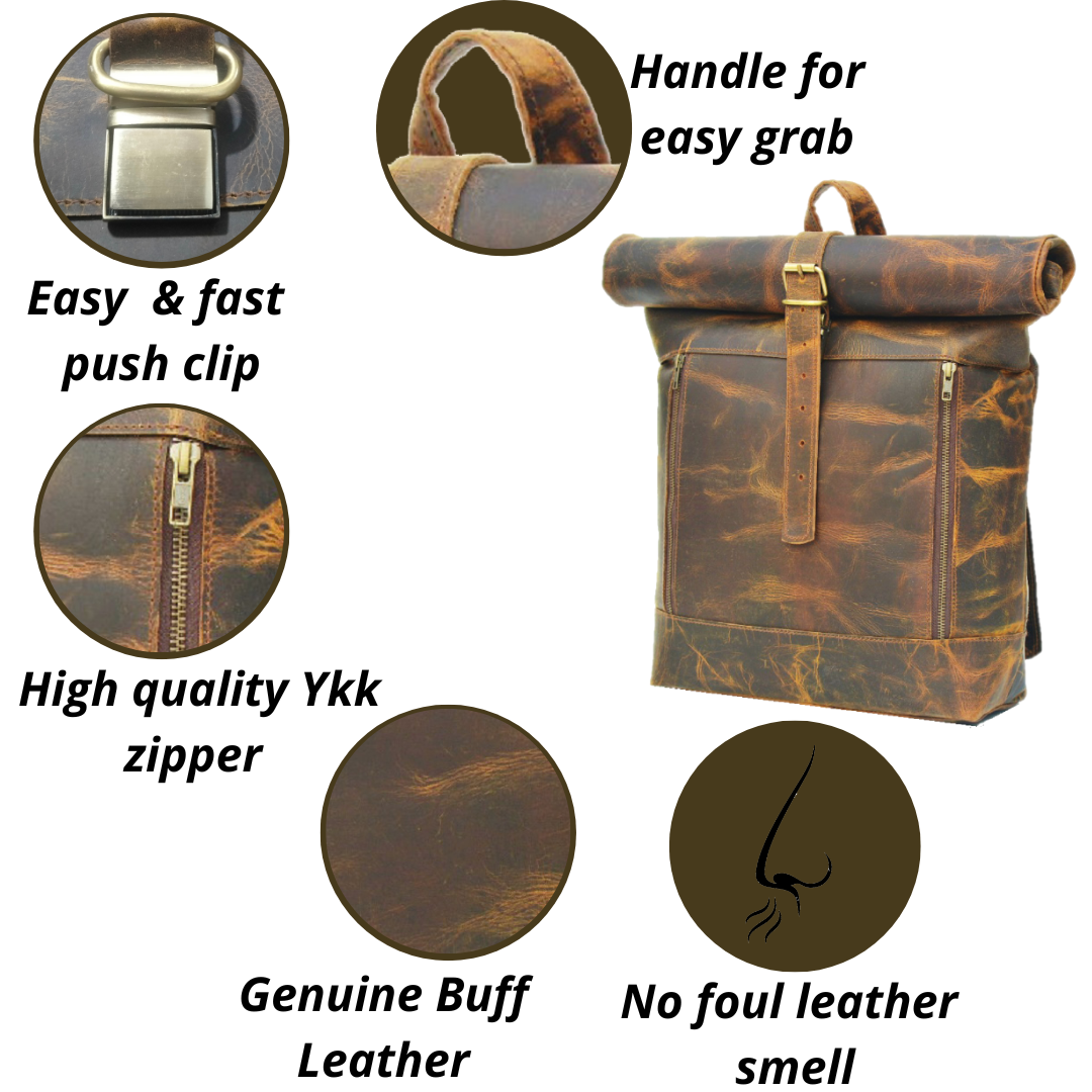 17 inch Leather Laptop Backpack Vintage Roll on Rucksack Hiking Camping Shoulder Collage Travel Handmade Brown Bag - Image 5