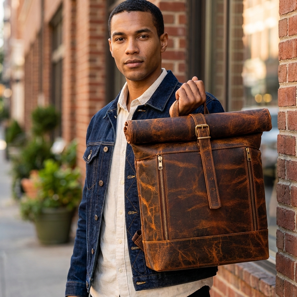 17 inch Leather Laptop Backpack Vintage Roll on Rucksack Hiking Camping Shoulder Collage Travel Handmade Brown Bag - Image 6