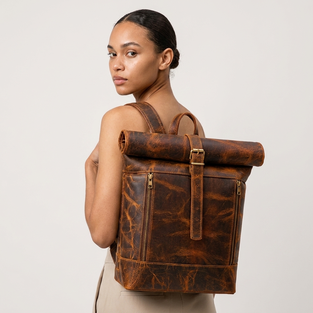 17 inch Leather Laptop Backpack Vintage Roll on Rucksack Hiking Camping Shoulder Collage Travel Handmade Brown Bag - Image 2